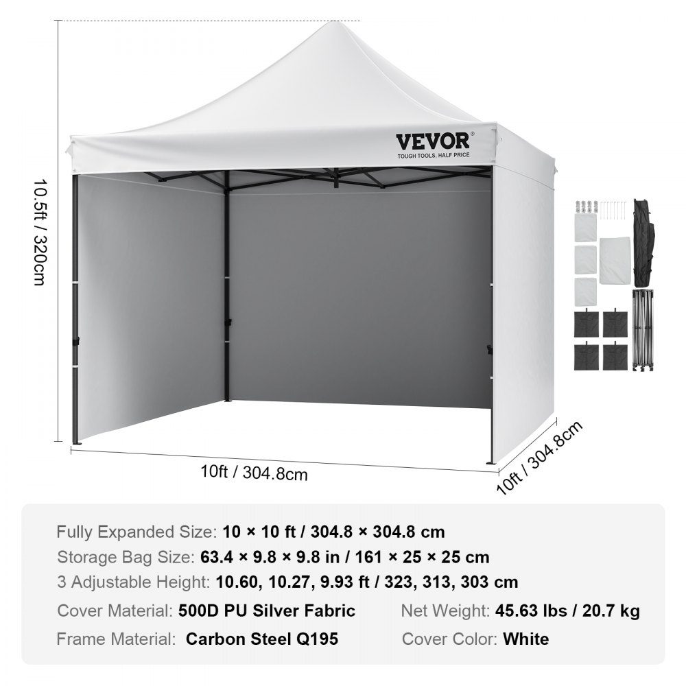 Pavillon 304,8x304,8x320cm Gartenzelt 500D PU Silberstoff Faltpavillon höhenverstellbar inkl. Aufbewahrungstasche Partyzelt 6-8 Personen Pop-up-Zelt weißer Gartenpavillon für Campingausflug