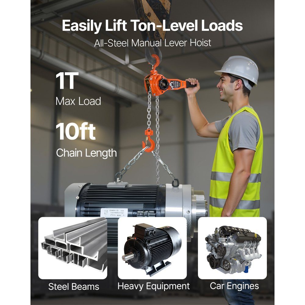 Hefboomtakel, handkettingtakel met capaciteit van 1 ton, slag van 3 m, ketting van G80 gelegeerd staal met mechanische rem met dubbele pal, rateltakel, 360 ° draaibare haken, takel voor magazijnbouw, garage