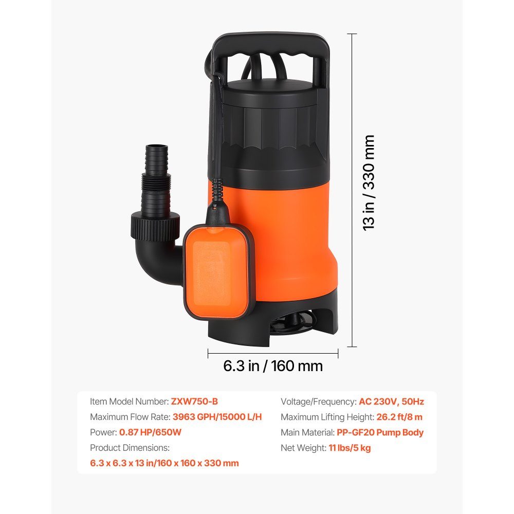 650W submersible pump, 15000L/h, PP-GF20 dirty water pump for wastewater, dirty water & pure water with automatic float switch, 8m delivery height, for pools, ponds, flooded areas