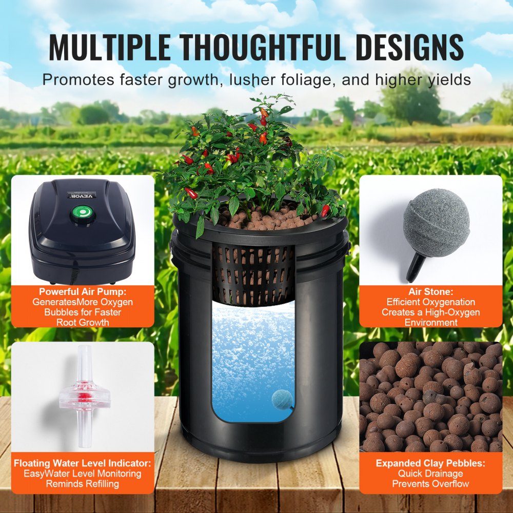 RDWC Hydroponic Growing System, Hydroponic Growing Kit with Drip Top, Circulation Deep Water Culture, 4 Buckles and 1 Reservoir, with Air Pump and Water Level Indicator for Leafy Vegetables