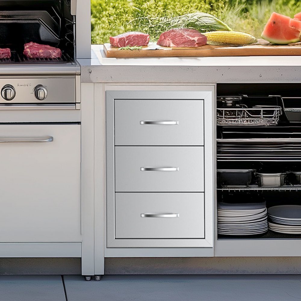 Küchenschubladen Outdoor-Schubladenschrank (47 x 57 x 57 cm) mit dreifachem Zugriff aus Edelstahl, Schubladenaufbewahrung für Grillinsel mit Griff, für Grillstation