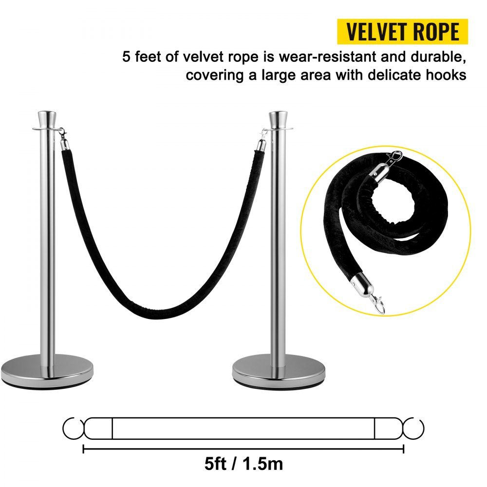 2 piece crowd control stake set with 1.5m black velvet rope, silver crowd control barrier with sturdy concrete and metal base - easy to assemble