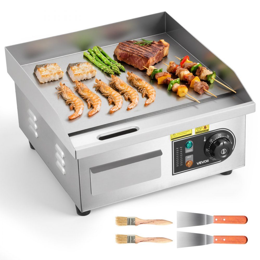 Plaque de grill électrique 2000 W 355 x 300 mm (surface de grill), 50-300 °C Plaque de grill gastro en acier inoxydable (boîtier) plaque de grill de table avec 2 spatules & 2 brosses & 4 repose-pieds, pour steaks, crêpes