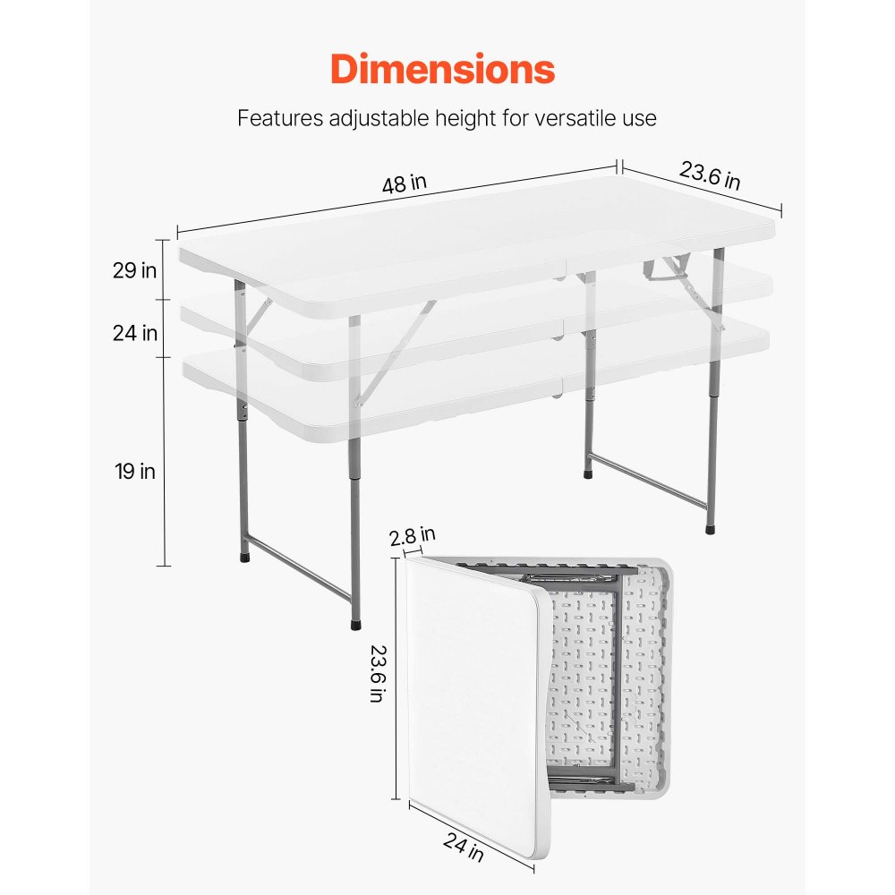 Klappbarer Buffettisch, tragbarer Allzwecktisch, 122 cm, rechteckiger Kunststofftisch mit verstellbarer Höhe und integriertem Griff, Gartentisch, Campingtisch für Partys, Picknick, Camping, weiß Klappbarer Buffettisch, tragbarer Allzwecktisch, 122 cm, rechteckiger Kunststofftisch mit verstellbarer Höhe und integriertem Griff, Gartentisch, Campingtisch für Partys, Picknick, Camping, weiß