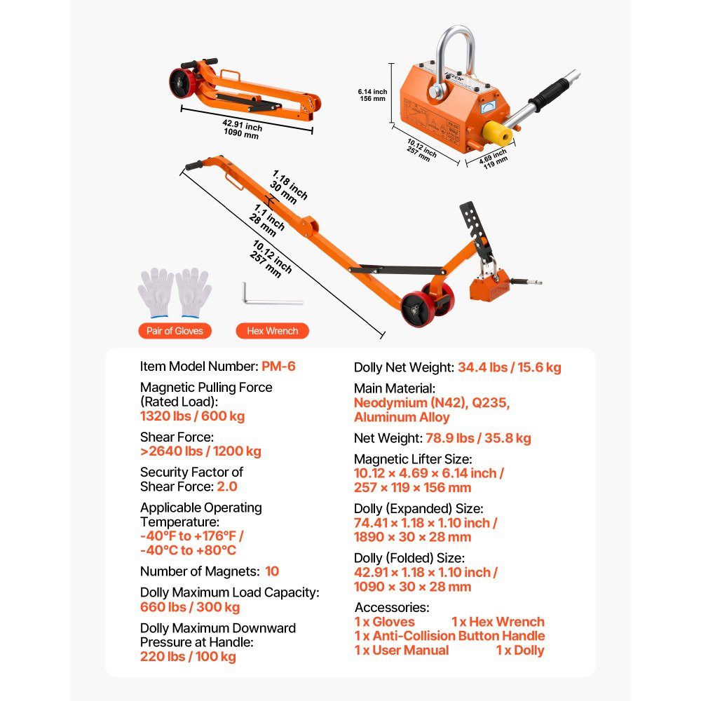 Load lifting magnet permanent magnet lifter with chassis, 600 kg pulling force, steel chassis with heavy-duty magnetic lifter & 2 wheels & adjustable handle, for lifting manhole covers
