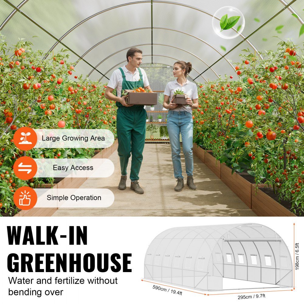 Walk-in tunnel greenhouse, 6.8 x 2.8 x 2.0 m, film greenhouse tunnel, plant greenhouse with galvanized steel frame, white PE cover, roll-up zipper door and 12 windows for outdoor use