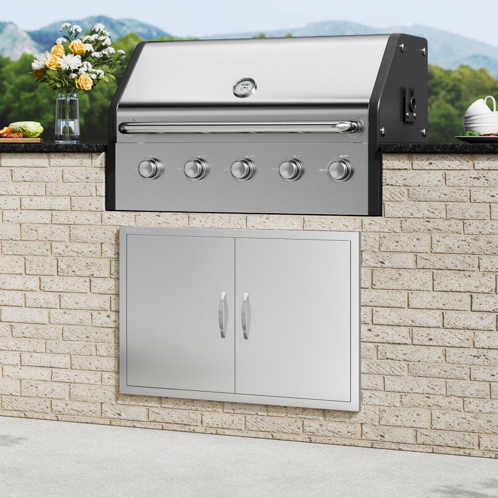Grill-Zugangstür, 889 x 610 mm, doppelte Außenküchentür, bündig montierte Edelstahltür, vertikale Wandtür mit Griffen, für Grillinsel, Grillstation, Außenschrank
