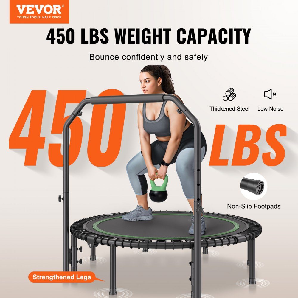 Opvouwbare minitrampoline fitness rebounder 1295 mm 205 kg veerkrachtige trainingstrampoline, rebounder sporttrampoline tuintrampoline met 4-traps in hoogte verstelbare handgreep & 42 spanbanden