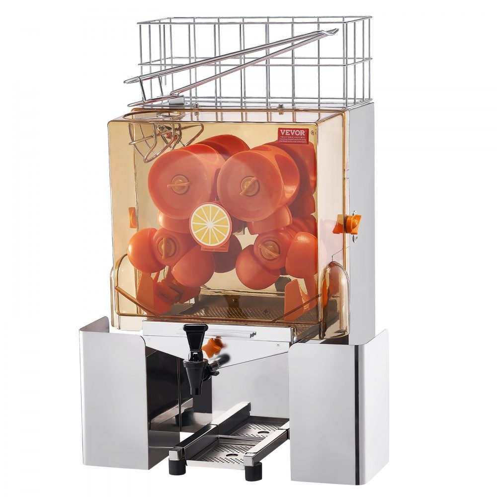 Kommerzielle Orangenpresse, halbautomatische 120-W-Entsafter, Edelstahl-Orangenpresse für 20 Orangen pro Minute, mit Wasserhahn und PC-Abdeckung, kommerzielle Zitruspresse, elektrische Zitruspresse