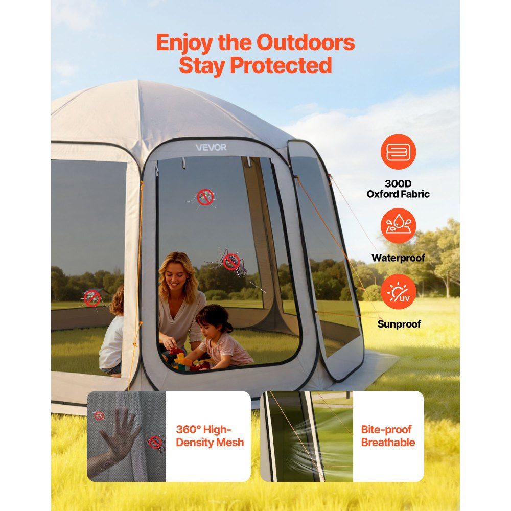 Pop Up Tent 144" x 134" Portable Camping Tent for 10-12 People with Net, Carry Bag, Side Walls and Pegs for Garden, Patio and Outdoor Activities, Beige