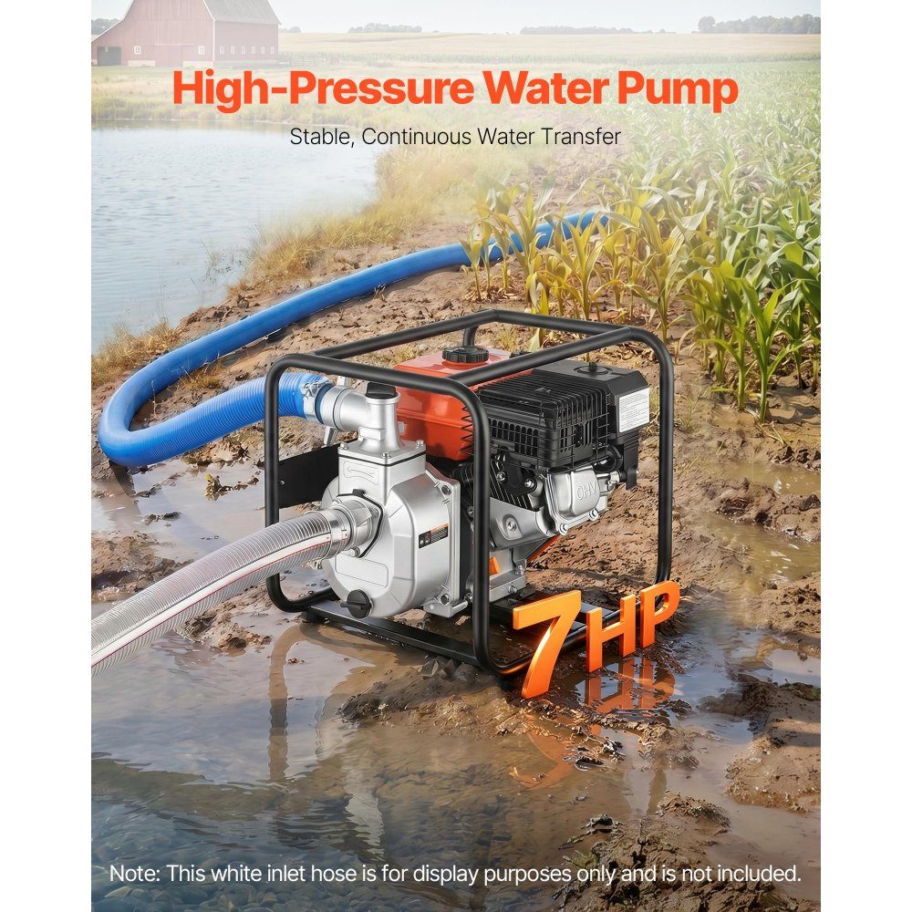 Pompe à eau essence 158 GPM, pompe à eau sale de 2 pouces, pompe à moteur de 7 HP portable avec tuyau de livraison de 25 pieds et pompe de distribution d'eau à turbine en fonte pour l'irrigation, le drainage, les chantiers de construction, les étangs