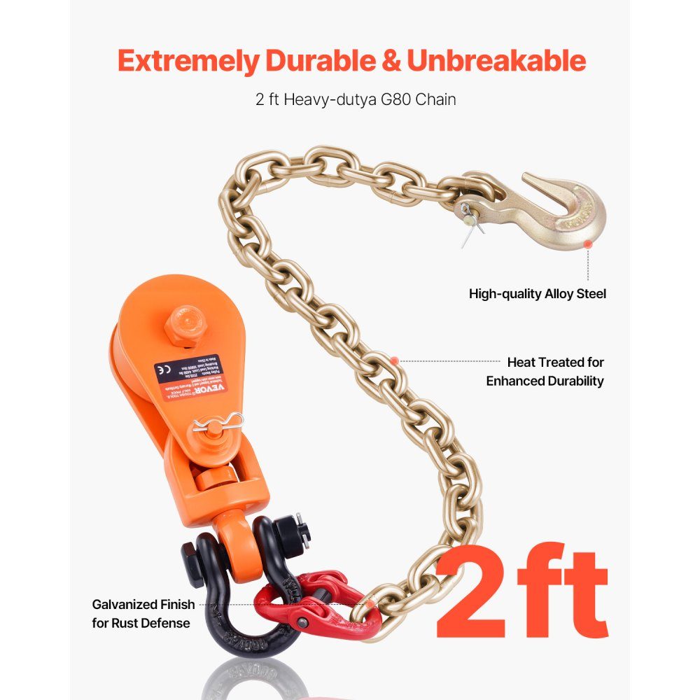 2 ton pulley with G80 chain, swivel shackle, 74mm pulley for 3/8" wire rope, forestry winch for towing and recovery applications on flatbed trailers and rollback tow trucks