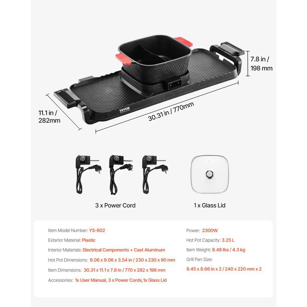 Hot Pot 2300 W 2-in-1 elektrischer rauchfreier Grill, abnehmbarer Shabu-Shabu-Topf mit Antihaft-Pfanne, separate Doppeltemperaturregelung, koreanischer Indoor-BBQ-Grill für 1–6 Personen