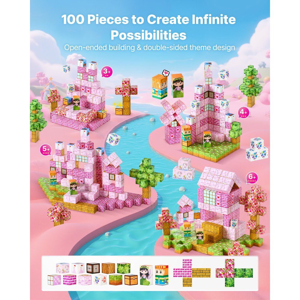 Blocs de construction magnétiques, ensemble de château de princesse de 100 pièces, blocs magnétiques, jouets STEM Montessori pour cadeau de Noël et d'anniversaire, jouet de construction à empiler, à partir de 3 ans
