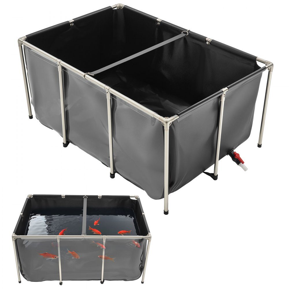 Canvas Fish Pond 1023.3L Breeding Water Tank PVC Koi Tank with Transparent Viewing Window Aquarium with Stainless Steel Frame and Drain Valve for Koi Goldfish Breeding (Black)