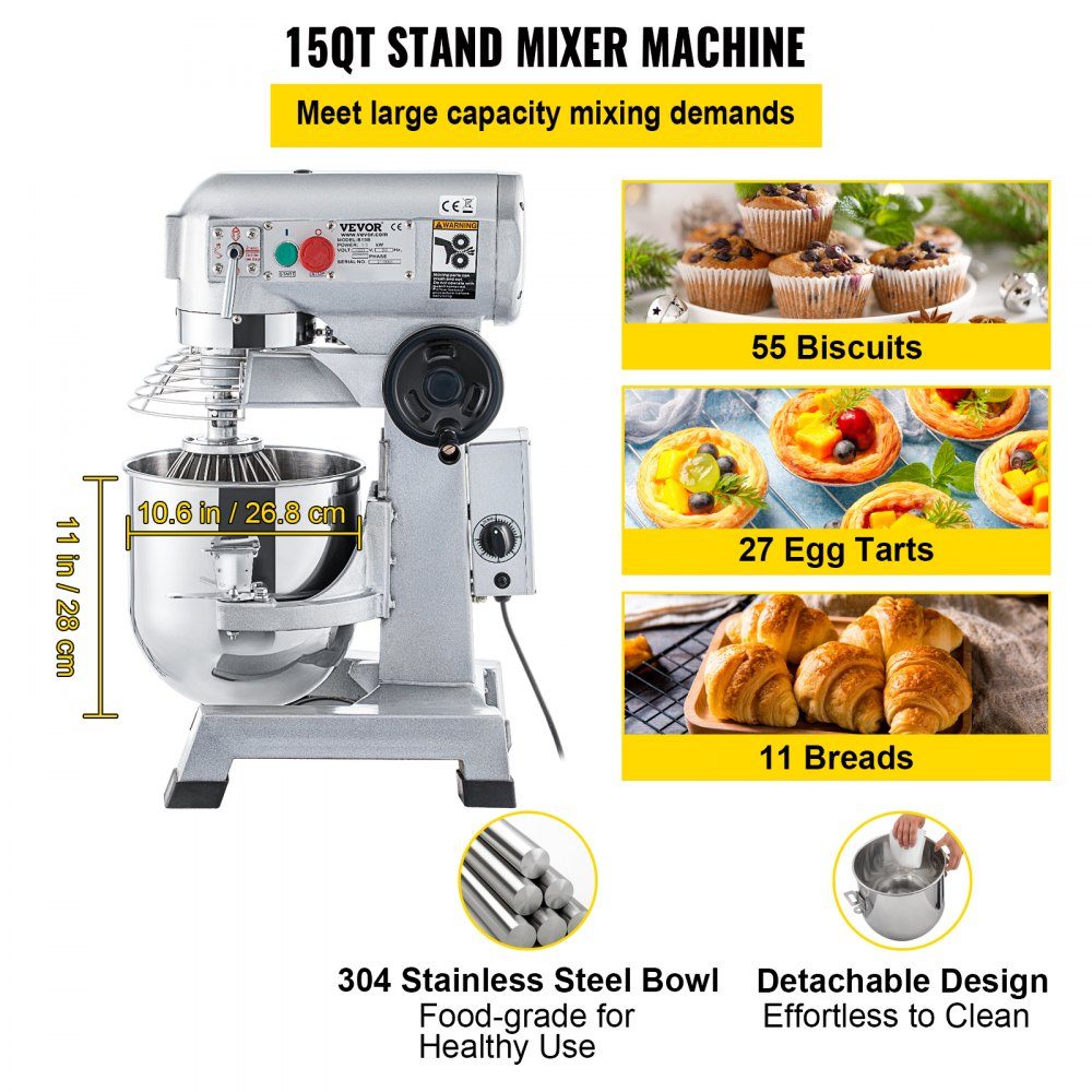 Kneading machine food processor, 14L bowl capacity kneading machine, 3-speed whisk, dough hook, wire rope, stainless steel bowl dough machine 500W, silver food processor timer function