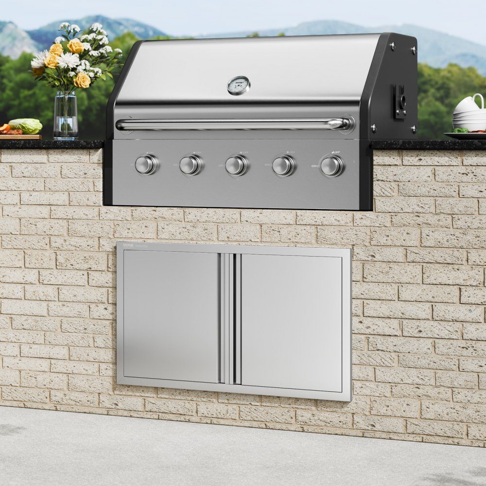 Grilltoegangsdeur 914x534mm Dubbele buitenkeukendeur Inbouw roestvrijstalen deur Verticale muurdeur met intrekbare handgrepen voor grilleiland Grillstation Buitenkast