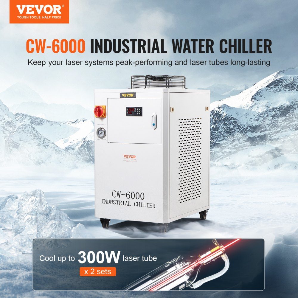 Industrial Water Chiller, CW6000, 1500W Water Chiller Cooling System with Compressor, 15L Water Tank Capacity, 65L/min Maximum Flow Rate, for CO2 Laser Engraving Machine Cooling Machine