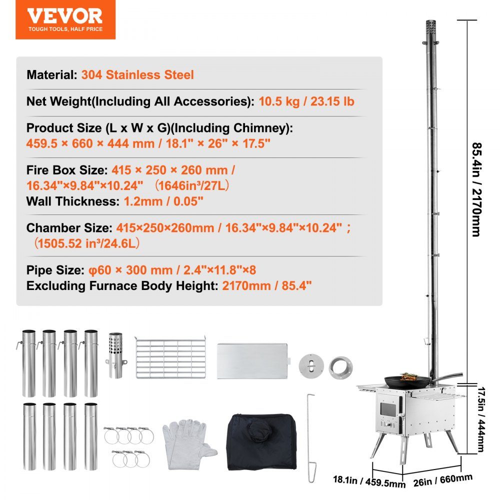 Poêle à bois 590 x 790 x 2620 m Poêle à bois pour tente de camping en acier inoxydable avec tuyaux de cheminée et gants 1646 pouces cubes Poêle de tente pour cuisine et chauffage en plein air avec 8 tuyaux – Réf. HT-24282