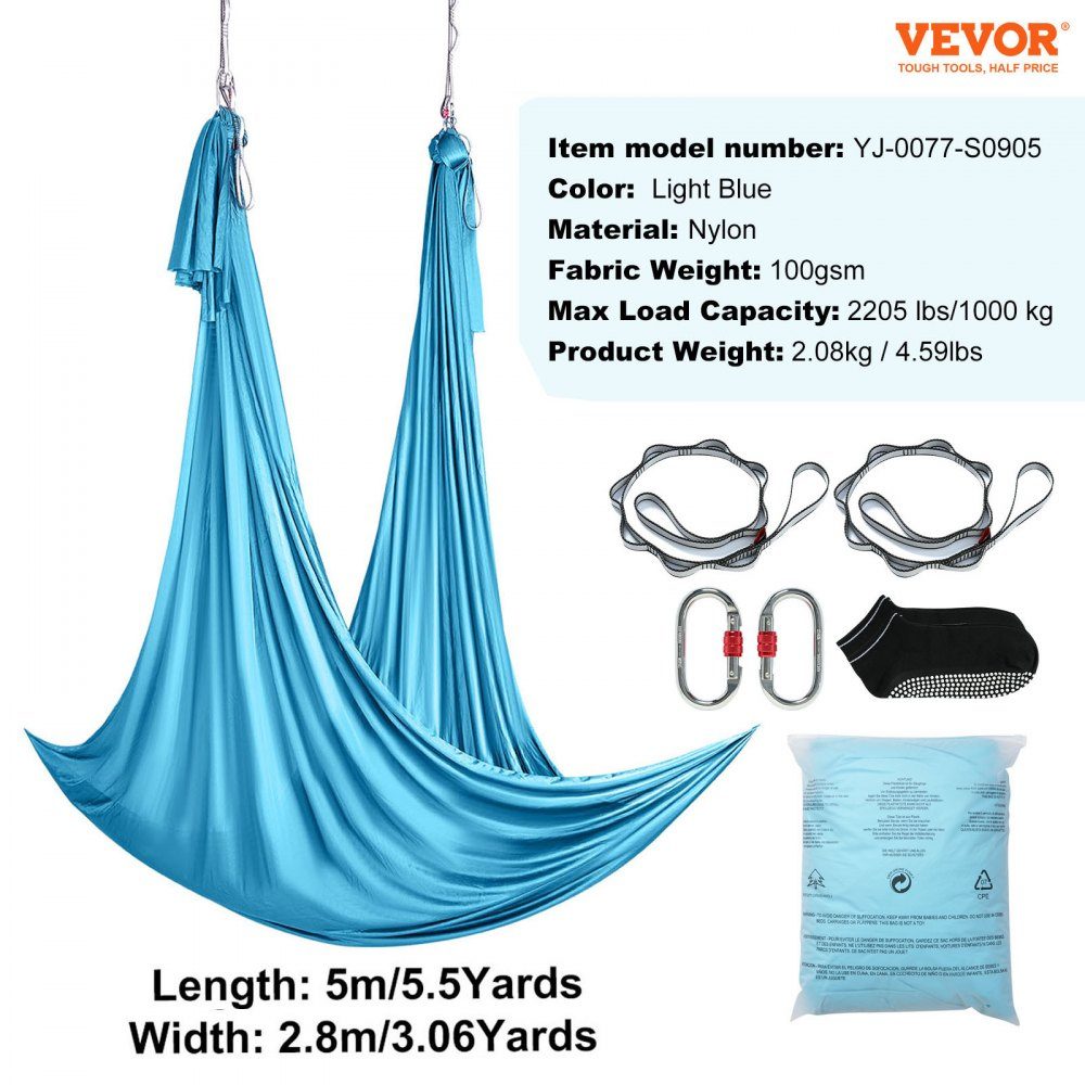 Aerial Yoga Hängematten-Set 5 x 2,8 m, Blau, Aerial Yoga Swing Air Flying, Yoga Swing Hängemattenschaukel 1000 kg max. Belastbarkeit, inklusive Yoga-Socken und Stahlkarabiner, Anti-Schwerkraft-Übungen