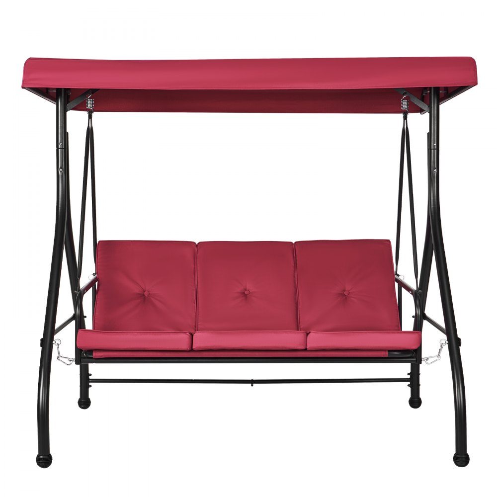 Chaise à bascule Hollywood 3 places avec auvent réglable, coussin amovible et cadre en acier allié pour balcon, jardin, bord de piscine, bordeaux