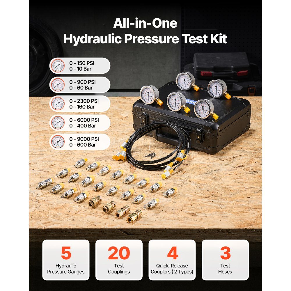 Hydraulic pressure test set 10 / 60 / 160 / 400 / 600 bar, hydraulic measuring device set including 5 measuring devices, 20 couplings, 4 quick couplings, 3 hoses for excavator construction machines