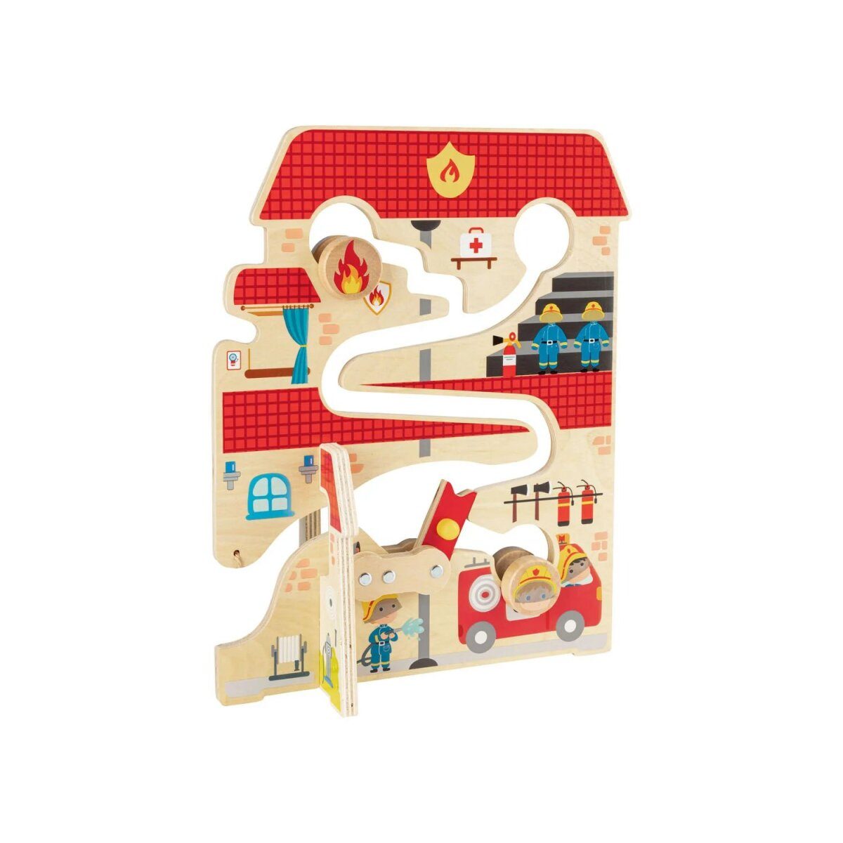 Playful labyrinth game, playable on both sides (fire department and hospital)