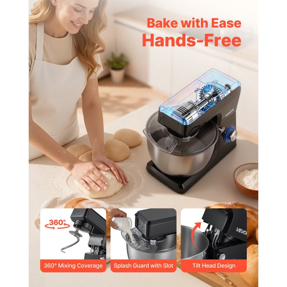 Robot culinaire électrique multifonction 1500 W avec bol en inox (7,8 l) et bol mélangeur (1,5 l), pétrin, pétrin à 6 vitesses + P, crochet pétrisseur, fouet et batteur