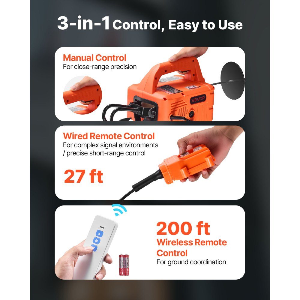 Treuil électrique, capacité de charge de 500 kg, palan électrique 3 en 1, 1500 W, hauteur de levage de 7,6 m, 5 m/min, avec télécommande manuelle, filaire et sans fil pour usine, entrepôt et garage