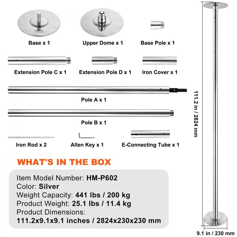 Professional Dance Pole, Pole Dance Portable Dance Pole Professional Approx. 88"-112" Height Adjustable Removable Fitness Pole Spinning Fitness Silver, Dance Pole Gyms, Clubs, Parties