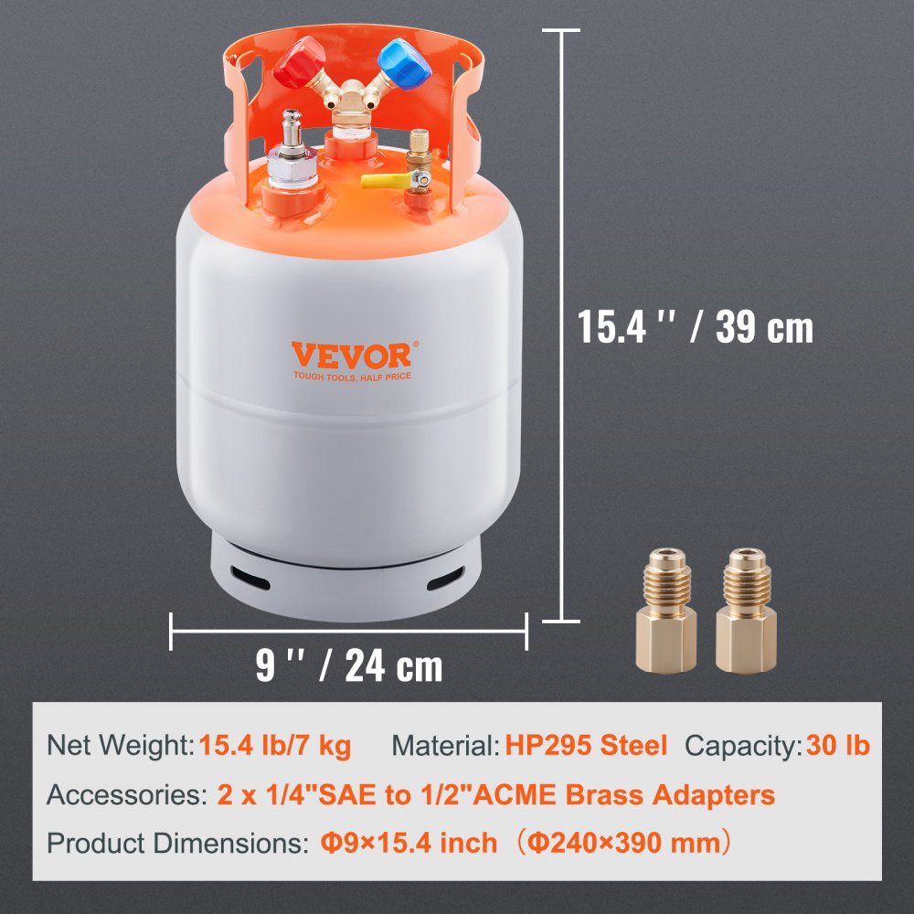 Koudemiddelopvangtank met een capaciteit van 30 lb, AC-opvangtank met ¼ tot ½ adapter, HVAC-opvangtank voor alle koudemiddelen, met sporen van N₂