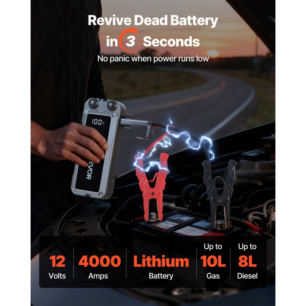 Starthilfe-Powerbank, Starthilfe 4000A Spitzenstrom mit LED-Taschenlampe & Kabel für Motoren bis 10L Benzin/8L Diesel, tragbarer Booster mit Schnellladung & Sicherheitsschutz für Notfälle