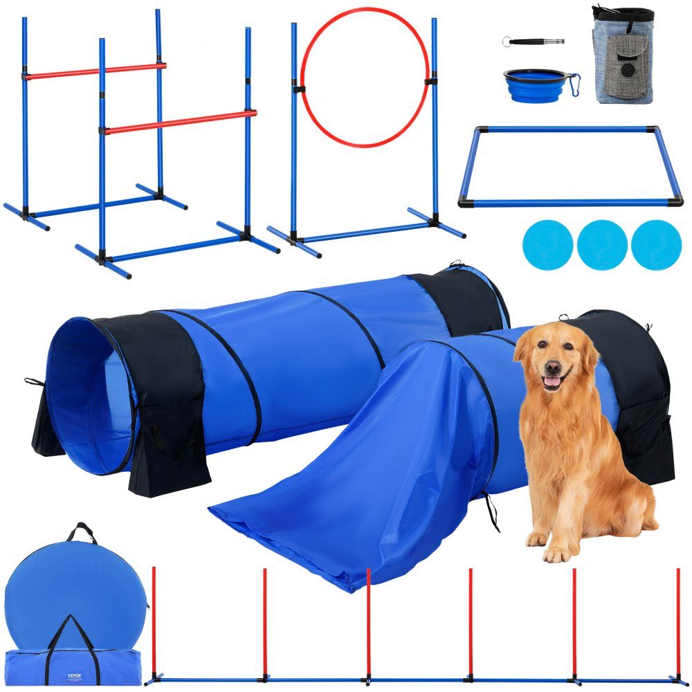 Équipement d'entraînement d'agilité pour chien, ensemble de 7 pièces avec haies hautes réglables, 6 poteaux de slalom, 2 tunnels, anneau de saut, boîte de frein, 3 frisbees, sifflet, bol pliable, ensemble de parcours d'obstacles pour chiot avec 3 sacs
