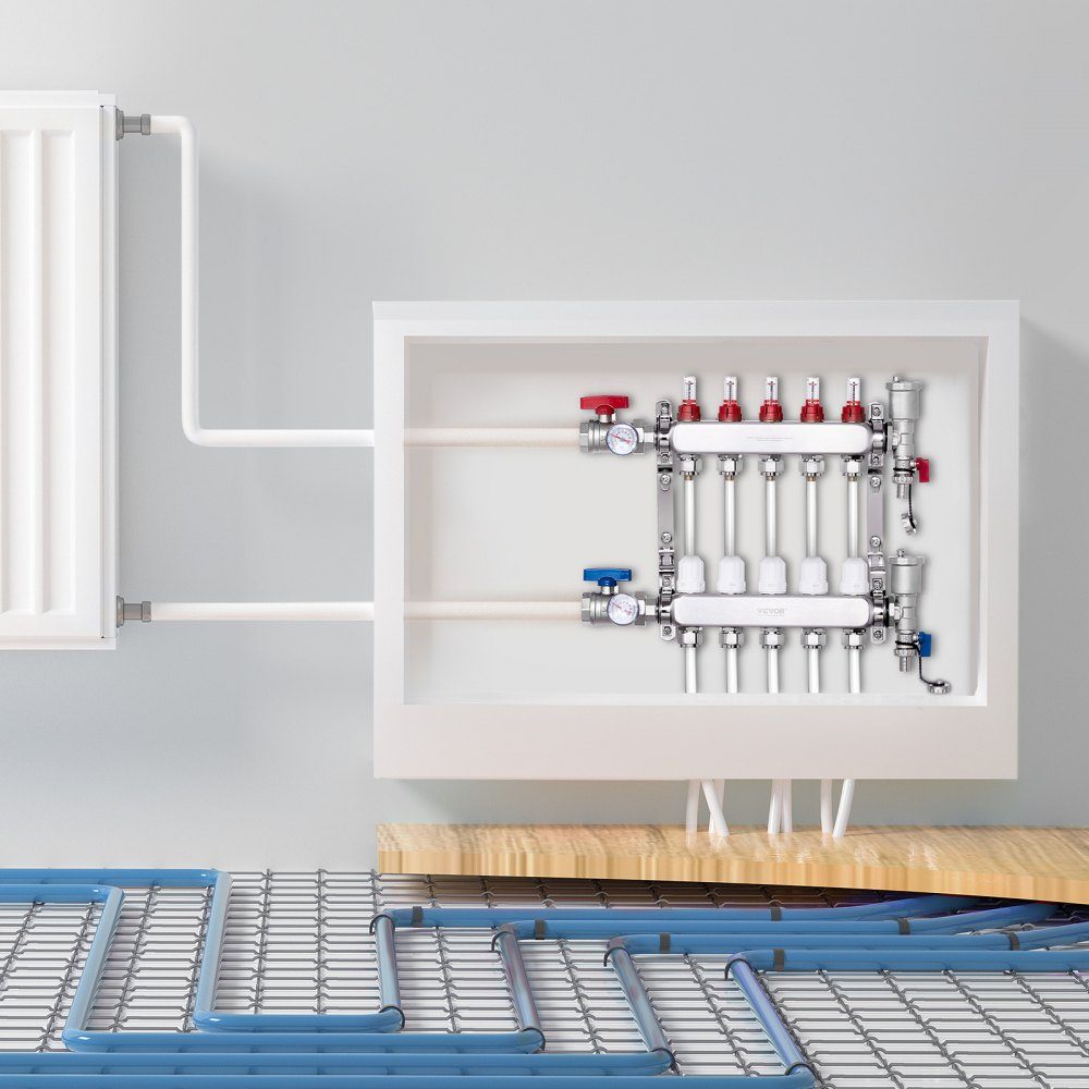 5 Branch Heat Spreader, 1/2" PEX Pipe Manifold, Stainless Steel PEX Manifold for Hydronic Underfloor Heating, Heat Distribution PEX Manifold Kit with 1/2" Adapters Included