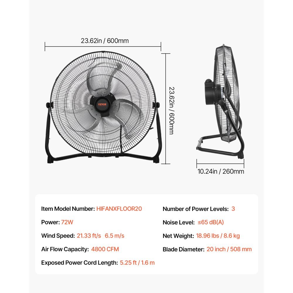 Vloerventilator 3 snelheden windmachine 508 mm 4800 CFM 360° verstelbare kanteling 6,5 m/s luchtstroom grote metalen ventilator voor thuisgymnastiek kantoor garage commerciële winkel – Artikelnr. HT-24200