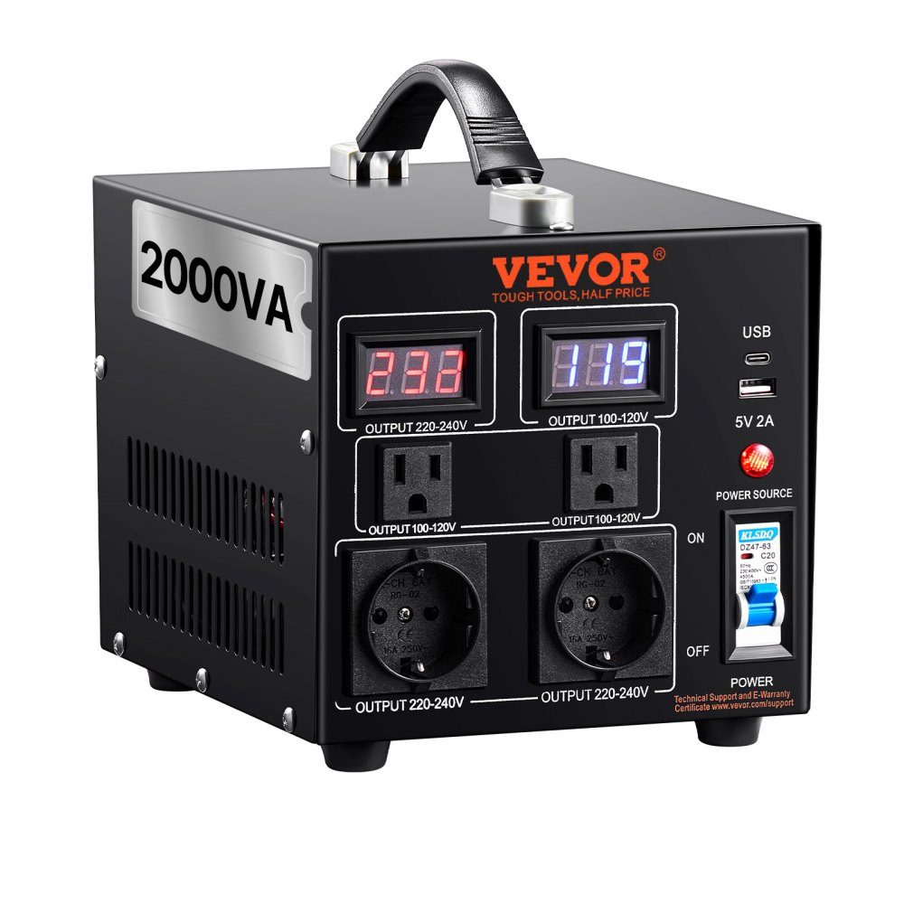 2000 W Spannungswandler-Transformator AC 110 V⇋220 V Transformator-Konverter 2x US NEMA 5-15R 3-polig/2x standardmäßige europäische Shucko-Ausgangsbuchsen, 1x 5V USB-Anschluss, 1x Typ-C-Buchse