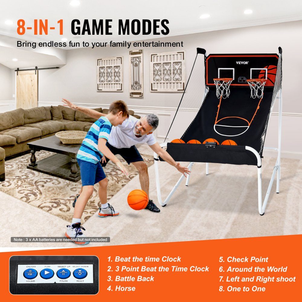 Faltbaes Indoor-Basketballspiel für 2 Spieler, Basketballmaschine, Basketballballständer mit 5 Bällen & 8 Spielmodi & 2 Basketballkörben & aufblasbarer Pumpe, für Kinder, Erwachsene (Schwarz & Weiß)