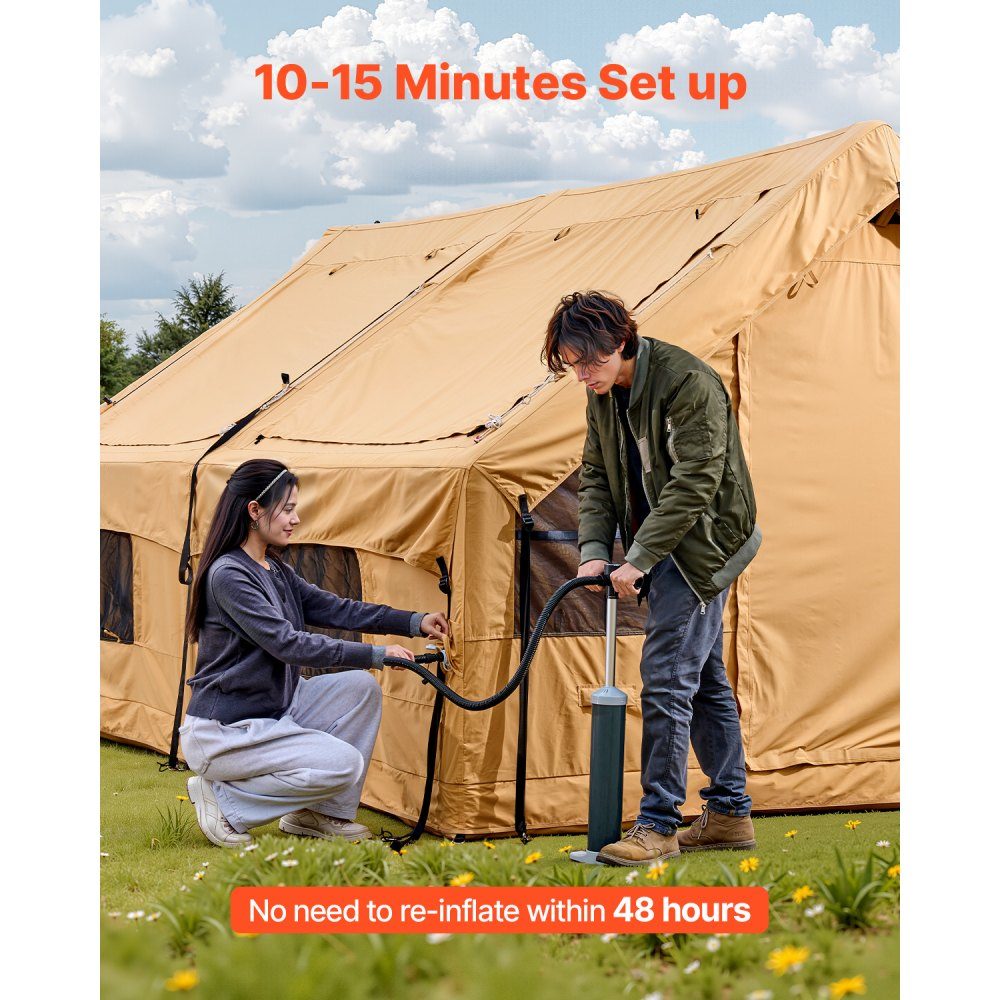 Opblaasbare kampeertent voor 8-12 personen met handpomp, glampingtent van 4,8 x 3,6 x 2,2 m met 2 dakramen, luifel, kachelaansluiting, 2 deuren en gaasramen, opbergtas