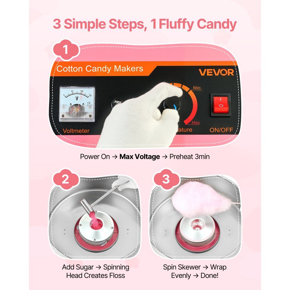 Machine à barbe à papa, machine à barbe à papa électrique 1000 W avec bol en acier inoxydable de 38 cm et cuillère à bonbons, fait de la barbe à papa pour les anniversaires à la maison, les réunions de famille, 3500 tr/min, rose – Réf. HT-23903