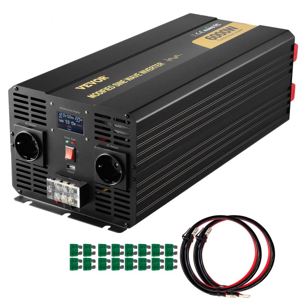 Power Inverter 6000W Modified Sine Wave Inverter DC 12V to AC 230V Car Converter with LCD Display LED Indicators EU Sockets Power Inverter for Car RV Truck Boat Travel