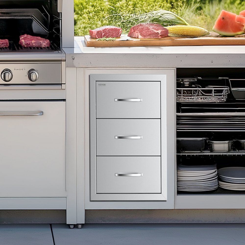 Outdoor Kitchen Drawers, Triple Access Stainless Steel Drawer Cabinet, Grill Island Drawer Storage with Paper Towel Holder and Handle, for Grill Station