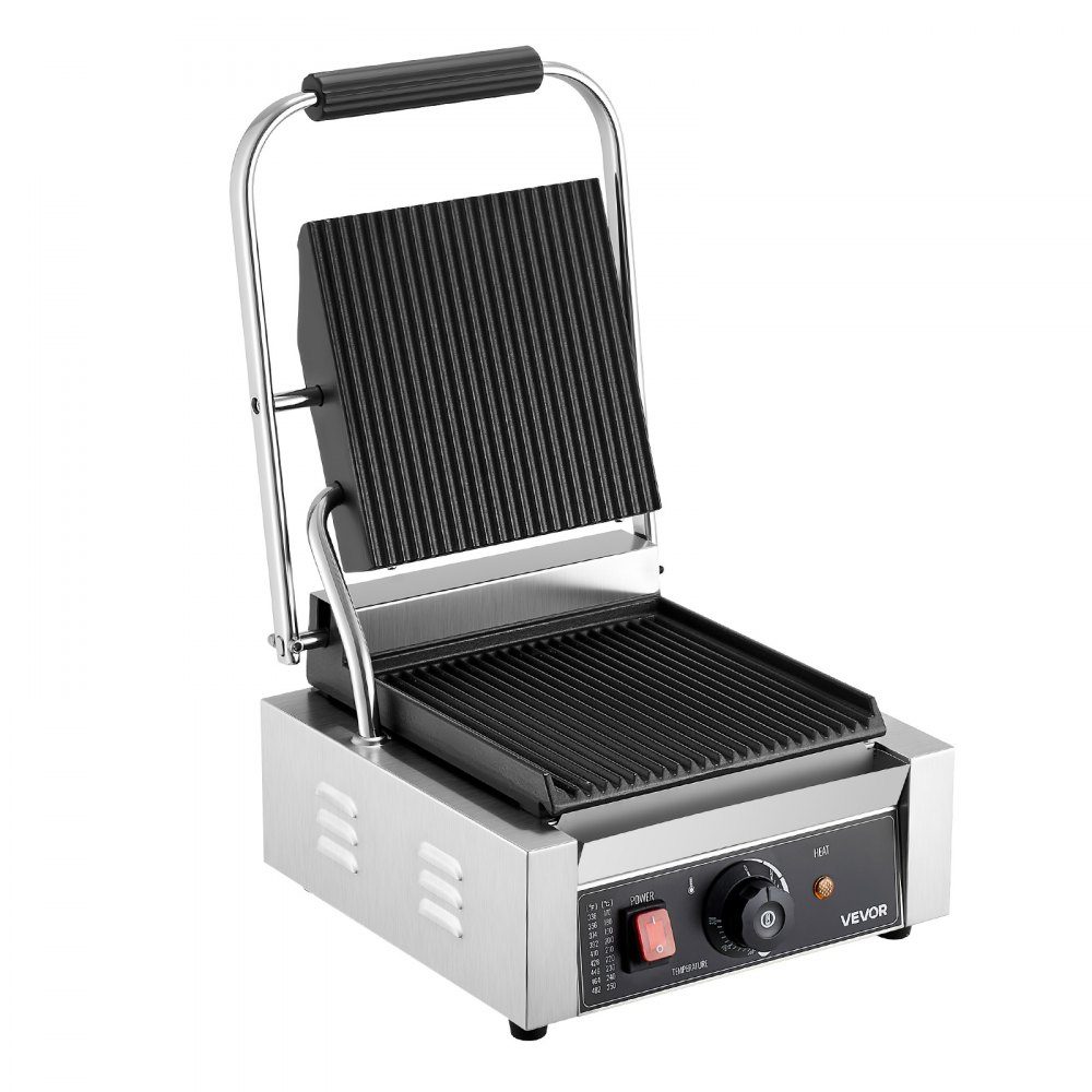 Commercial Panini Grill, Contact Grill 1800W, for Sandwiches, Steak, Bacon, Hamburgers, Sandwich Maker, Stainless Steel Press Grill with Handle & Temperature Controller & 22 x 23cm Heating Plate, Panini Press