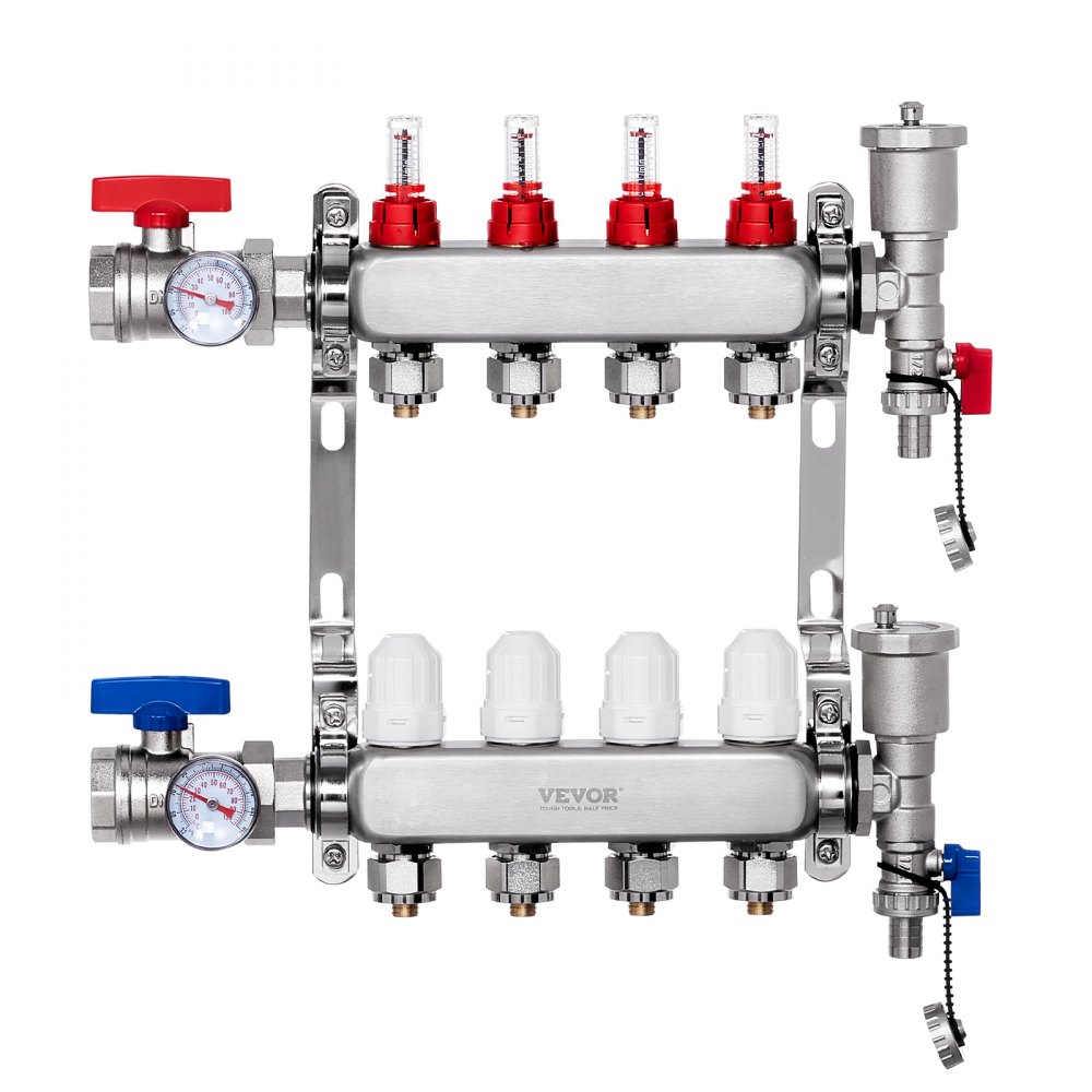 Warmtedistributieverdeelstuk met 4 aftakkingen, 1/2" PEX-buisverdeelstuk, roestvrijstalen PEX-verdeelstuk voor hydronische vloerverwarming, PEX-verdeelstukset voor warmtedistributie met 1/2" adapters inbegrepen Warmtedistributieverdeelstuk met 4 aftakkingen, 1/2" PEX-buisverdeelstuk, roestvrijstalen PEX-verdeelstuk voor hydronische vloerverwarming, PEX-verdeelstukset voor warmtedistributie met 1/2" adapters inbegrepen