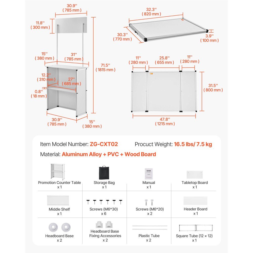 Tragbare Messetheke, Messetheke, 78,5 x 38 x 181,5 cm, Messestand, Ausstellungsthekenständer, faltbarer Promotion-Einzelhandels-Stehtisch, Empfangsmesseständer mit Ablagefach, Tragetasche