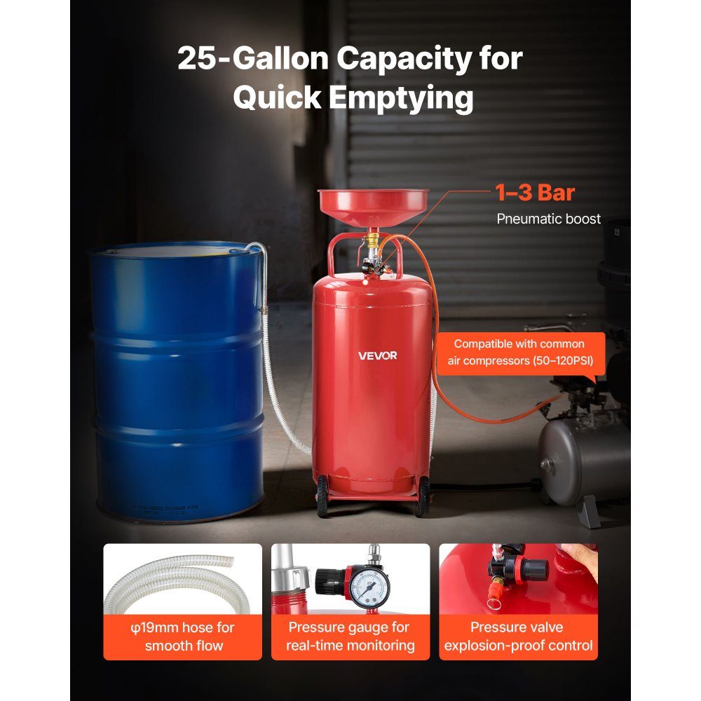 Oil Catch Cart 9 5L, Oil Catch Container with Adjustable Funnel Height, Oil Catch Cart with Wheels, Liquid Fuel Transfer Drain, Oil Catch Cart for Auto Workshop, Red