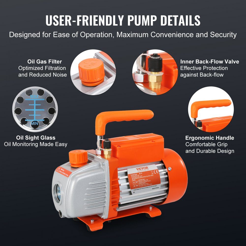 Vakuumpumpe 100 l/min, Vakuumpumpe, 1-stufig, 220 V/50 Hz, 1440 U/min, 800–4000 PSI (55–276 bar), 250 ml Ölkapazität, Vakuumausrüstung, Verteiler, Manometer-Set für Klimaanlagen, Fahrzeugkühlsysteme