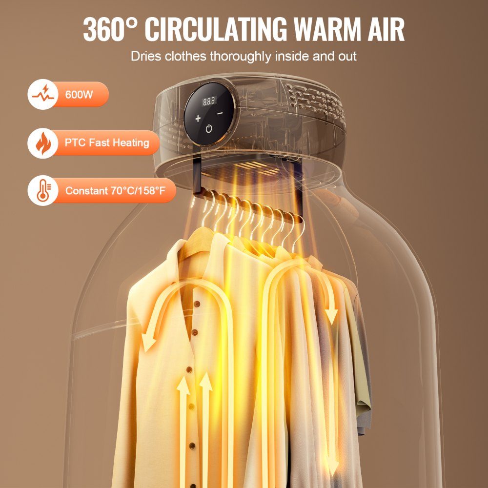 600W Portable Tumble Dryer, Rotary Clothes Line with Dryer Bag, PTC Heater and LED Display, Foldable Mini Dryer with 5 Hour Timer for Apartments, Dorms, RVs or Hotels