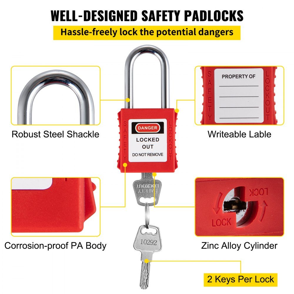 Kits de verrouillage de 42 pièces, kit Loto de sécurité électrique, comprend des cadenas, 5 types de verrouillage, des moraillons, des étiquettes et des attaches de câble, une boîte, des outils de sécurité de verrouillage pour éliminer les risques électri