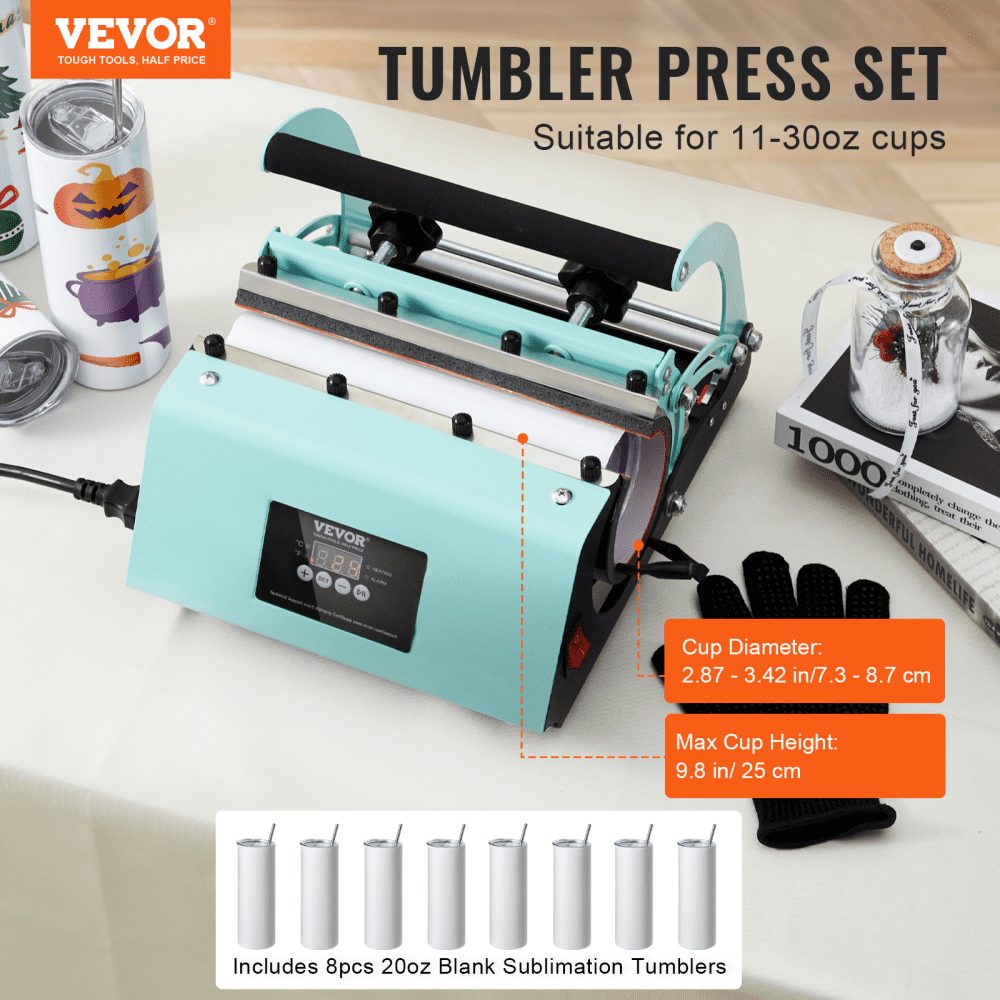 Mug Heat Press and Sublimation Mugs, Mug Press Set with 8 Blank 20oz Mugs, Mug Press for 12-22oz Mugs, with Heat Transfer Paper, Gloves and Tape