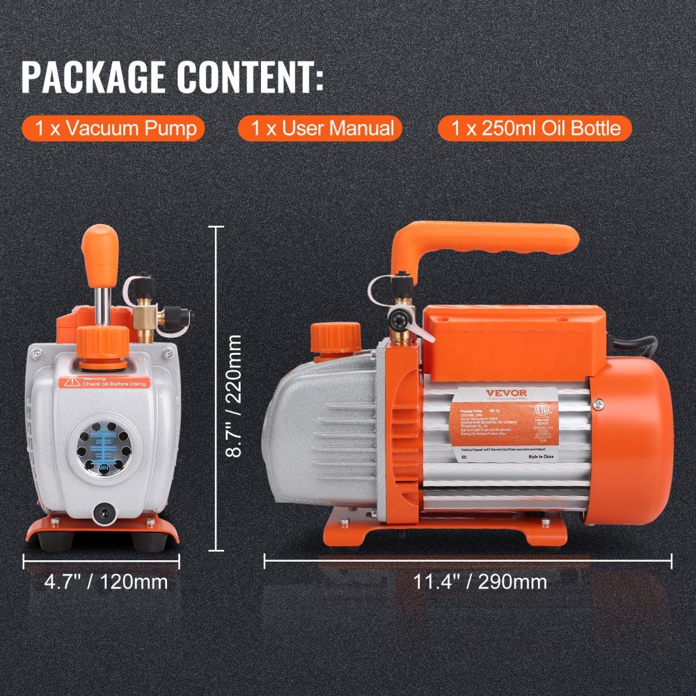 Vacuum Pump 150W Vacuum Pump 1 Stage Air Conditioning Pump 100L/min Flow 1440RPM Speed ​​0.64/1.27cm SAE Inlet Vacuum Equipment 5Pa Pure Copper Motor HVAC/Auto Refrigerant Charging